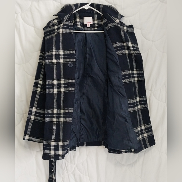 Bongo Womens Large Belted Brushed Soft Button-Down Plaid Navy Blue White Jacket - Picture 4 of 15